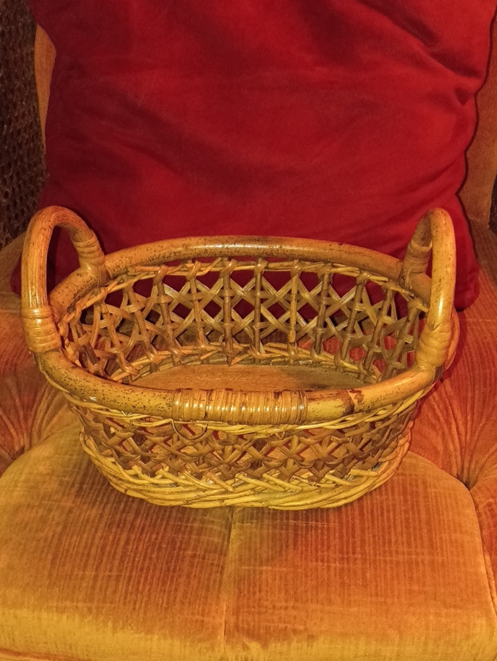 Vintage Diamond Woven Rattan And Bamboo Basket with Handles & Wooden Bottom